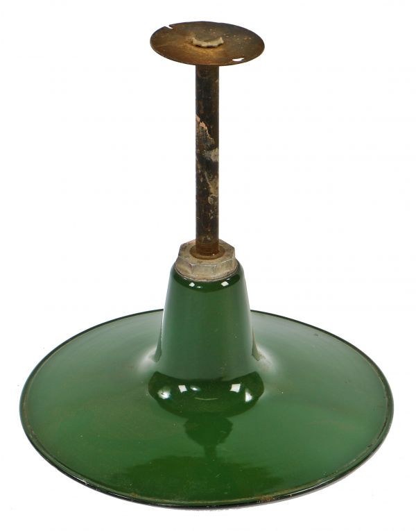 all original c. 1920's green porcelain enameled shallow or flat bowl fully functional factory ceiling pendant light or reflector with original pipe and ceiling cap