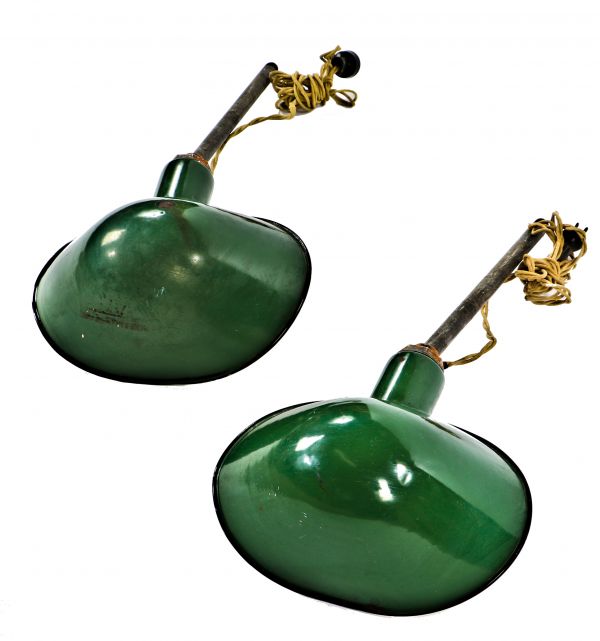 two matching original c. 1920's unusually-shaped green porcelain enameled outdoor service station sign reflectors with threaded steel pipe and braided cloth cord