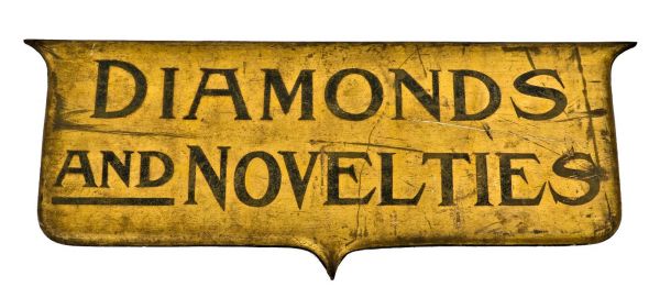exceptional all original and remarkably intact 19th century hand-painted gilded wood elongated shield "diamonds" jewelry store single-sided trade sign 