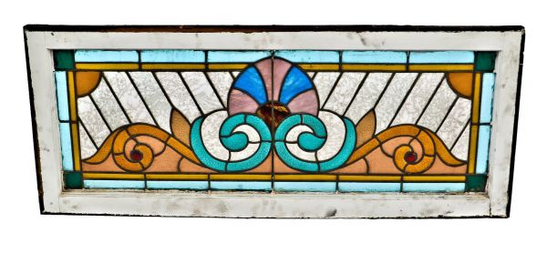 late 19th century original and completely intact antique american ornamental art glass chicago residential bay transom window with palmette and volutes accentuated with jewels