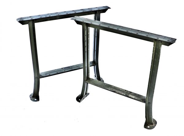 one of three pairs of original mid-20th century vintage american industrial lyon pressed and folded channeled steel green enameled legs or bases with flared feet