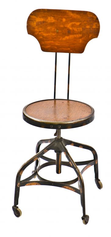 original and completely intact early 20th century adjustable height "model 511" joseph f. uhl-designed mobile switchboard operator stool or chair with oxidized copper plated finish 