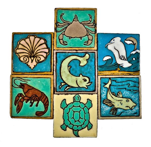 complete set of original c. 1920's antique american vibrantly colored earthenware tiles salvaged from the jarvis hunt-designed lakeshore drive athletic club pool room 
