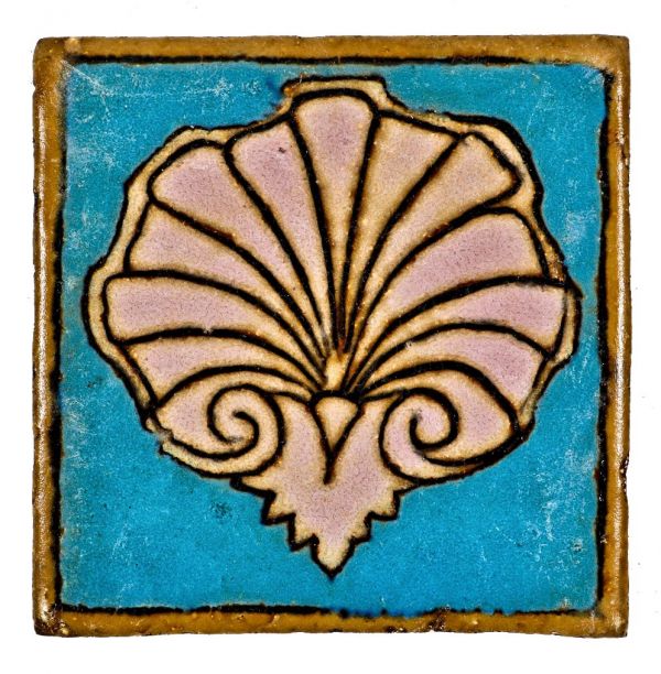 original and intact c. 1920's historically important single c. 1920's antique american chicago lakeshore drive athletic club pool wall tile featuring a polychromatic clam shell 