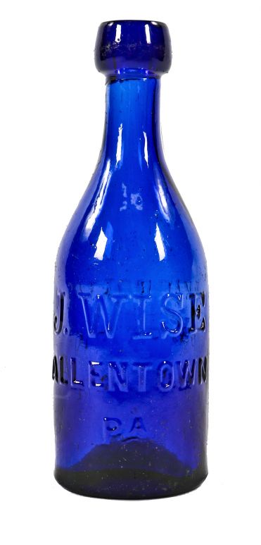 hard to find all original and intact civil-war era deep electric blue glass blobtop soda bottle fabricated for pennsylvania bottler james wise