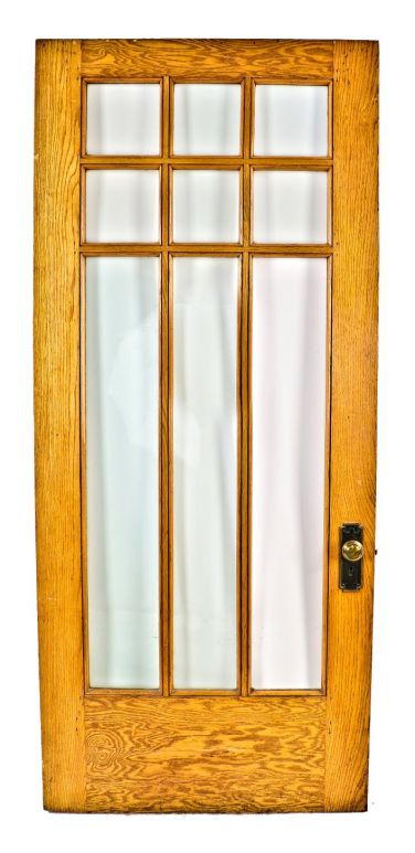 c. 1915 original antique american interior residential chicago mission style vestibule golden oak wood door with original pressed brass hardware by the reading hardware company 