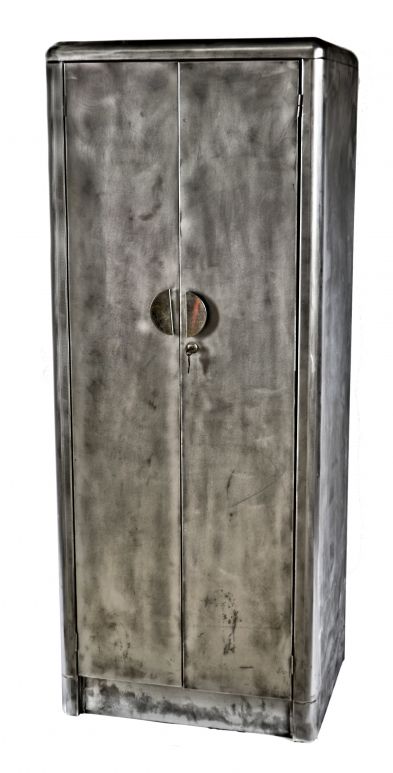 very sleek and simple original c. 1930's depression-era antique american industrial super streamlined art deco style pressed and folded steel locker cabinet with original key