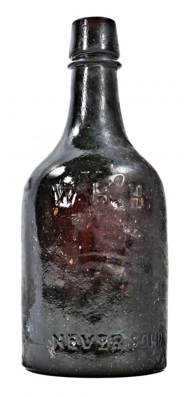 collectible antique c. 1865-1875 privy dug richly colored black glass "w.h.h." quart size glass ale bottle manufactured by william mccully & co., in pittsburgh, pa