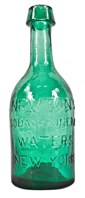 exceptionally crude and hard to find mid-nineteenth century vibrant green glass soda bottle fabricated for new york bottler thomas newton