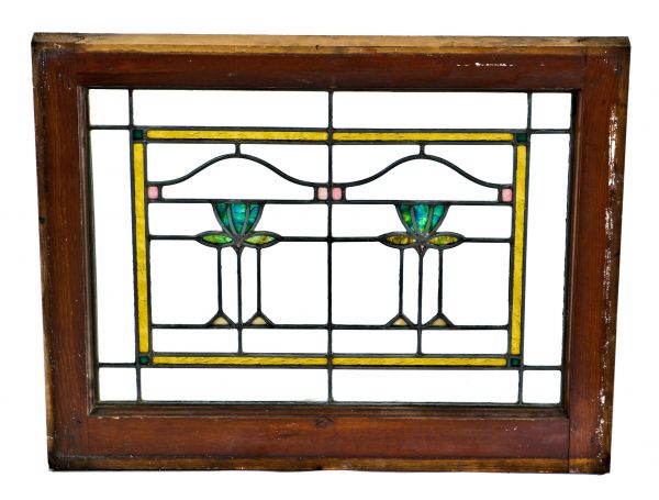 completely intact early 20th century chicago bungalow leaded art glass interior residential window with vibrantly colored floral motifs and original wood sash frame 