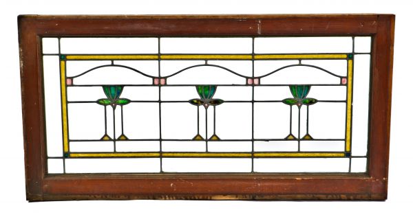 original c. 1915-20 antique american interior residential chicago bungalow art glass prairie style window with elegant repeating floral motifs and original wood sash frame