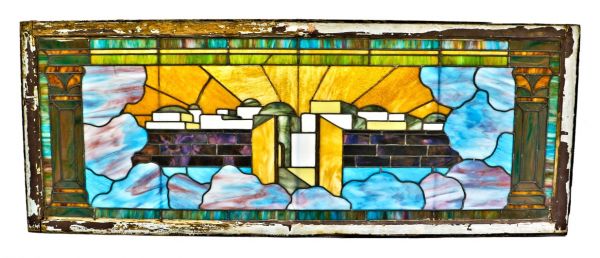original and vibrantly colored massive scenic stained glass interior residential window salvaged from a chicago residence constructed in 1905