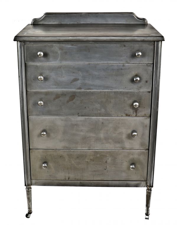 completely refinished antique american industrial depression era chicago "fireproof" hotel all-metal simmons tall boy dresser with original pressed steel knob pulls