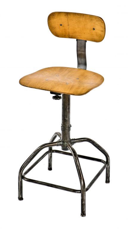 thoroughly cleaned and refinished mid-20th century vintage american industrial tubular steel four-legged adjustable height machine shop stool with maple wood seat 