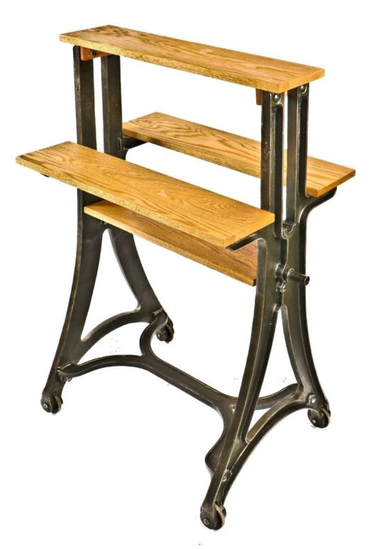 early 20th century american antique solid cast iron industrial commercial repurposed hotel garment washer stand with newly added oak wood display shelves