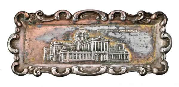 original and intact antique american finely-executed copper-plated stamped zinc metal city of chicago beaux-arts federal building souvenir card or change tray