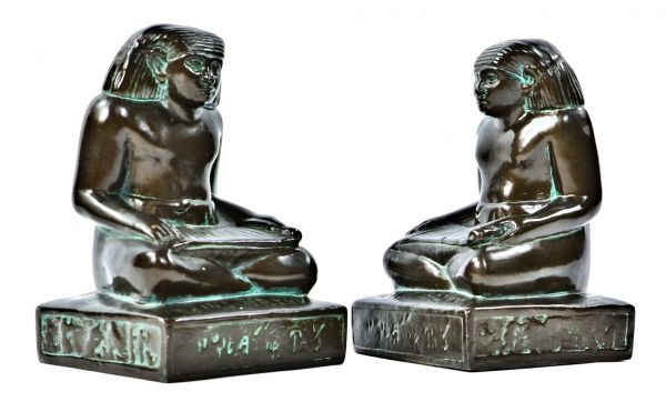 pair of all original and well-maintained antique american c. 1920's art deco style patianted "egyptian scribe" metal bookends