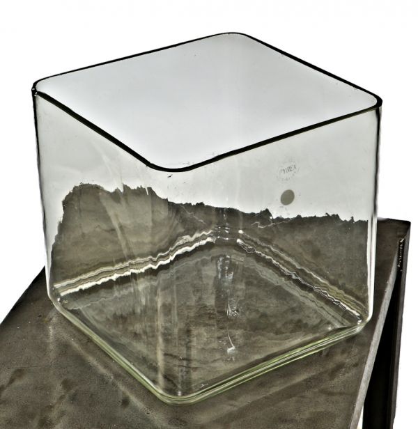 unusually large antique american depression era  "wavy" glass square pyrex container formerly used in an old postal center testing laboratory 