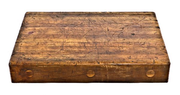 early 20th century medium-sized american industrial rock hard maple wood chicago hotel commercial kitchen butcher block tabletop reinforced with through bolts