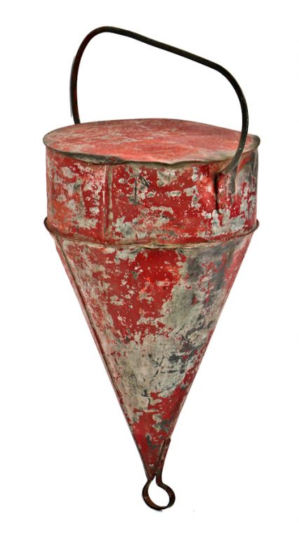 oversized original american depression era antique industrial riveted joint worn and weathered red painted steel buoy with bent metal rod and eyelet