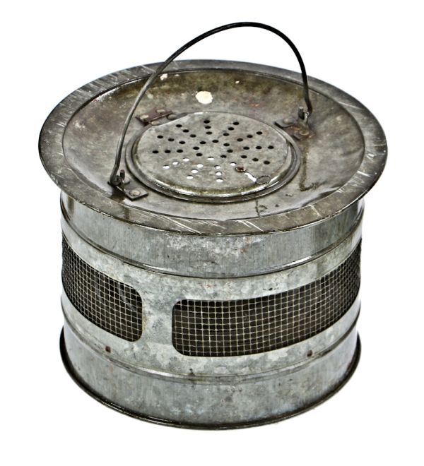 original and intact c. 1930's american industrial frabill portable  galvanized steel circular-shaped minnow bucket with