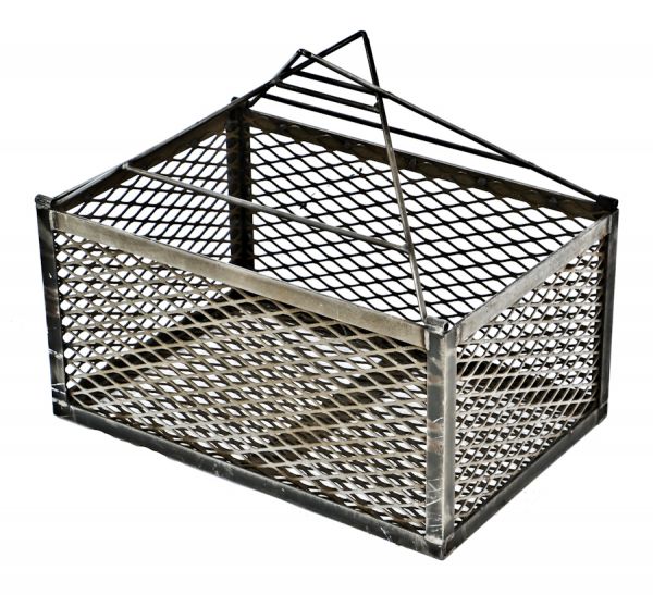 refinished c. 1930's antique american industrial heavy gauge steel mesh factory strainer basket with interlocking drop handles comprised of solid steel 