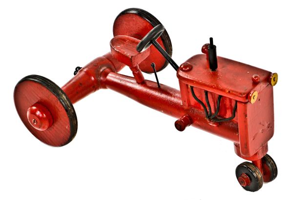 original c. 1940's american depression era wpa hand-crafted four-wheel folk art painted wood farm tractor with an allover bright red crazed finish 