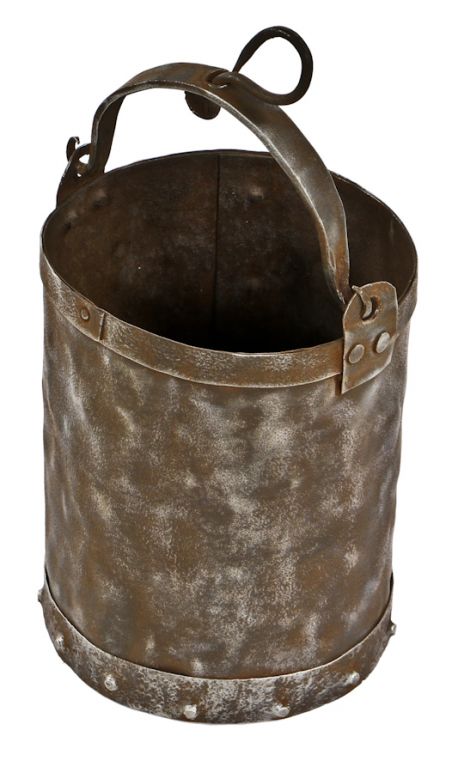 early 20th century antique american industrial riveted joint cylindrical-shaped wrought iron diminutive bucket with primitive drop handle containing a hanger