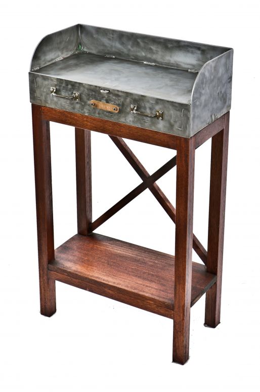 impressive repurposed american industrial factory heavy gauge steel and wood "foreman's desk" side table with newly added custom-built solid mahogany wood stand 