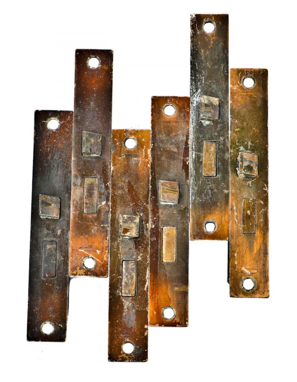 group of six matching original and fully functional unornamented interior residential passage door mortise locks salvaged from a chicago house built in 1910