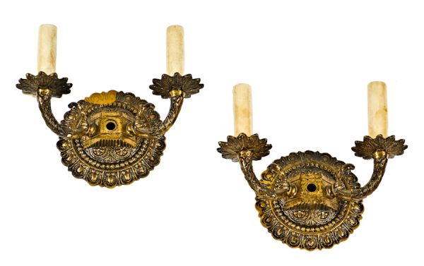 original and remarkably intact matching set of vintage american interior residential spanish revival style double arm flush mount wall sconces with fully functional electric candles 