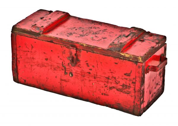 heavy duty american antique industrial depression era original red painted finish pine wood tool chest with lockable hasp and opposed handles 