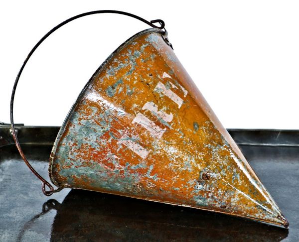 nicely distressed all original early 20th century painted embossed galvanized steel hanging "fire" railroad caboose sand bucket with intact drop handle and stenciled lettering