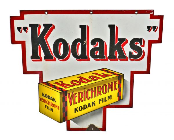 seldom found c. 1930's all original and well-maintained strongly geometric shaped american depression era double-sided hanging kodak "verichrome" porcelain enameled cold-rolled steel sign 