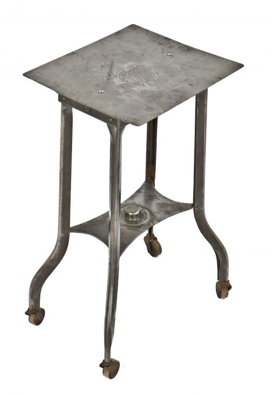 refinshed c. 1920's "uhl art steel" factory office cold-rolled steel dictaphone mobile four-legged side table with undershelf and patented swivel casters