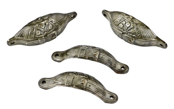 original c. 1870's antique american ornamental cast iron "belt buckle" oversized interior residential cabinet drawer pulls or handles 