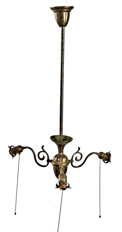 hard to find all original early 20th century oxidized copper-plated antique american interior residential three-arm brass ceiling fixture with intact pull-chain sockets