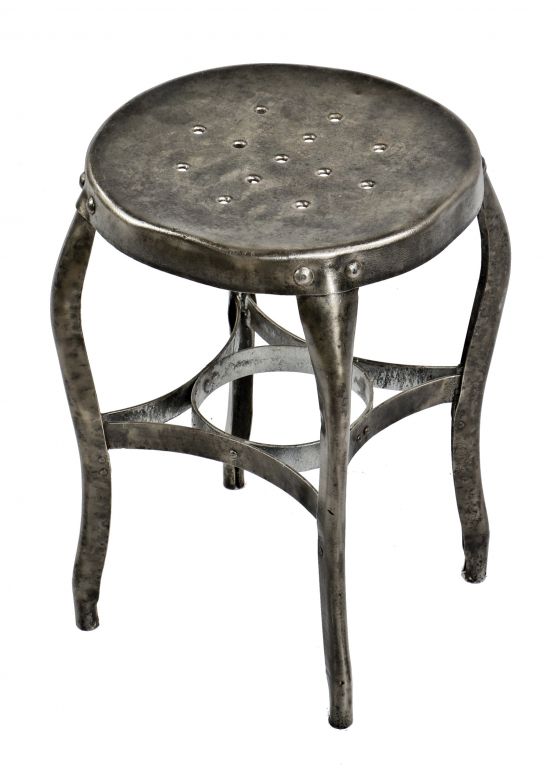refinished antique american industrial four-legged brushed metal "uhl art steel" stationary riveted pressed and folded multi-purpose stool sealed with a clear coat lacquer