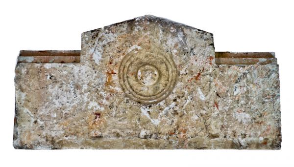 historically important late 1870's or early 1880's american oversized john voltz hall exterior cut "athens" limestone upper floor window hood or header with centrally located bullseye  