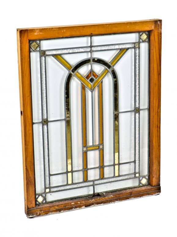 original c. 1920's antique american single residential salvaged leaded art glass arts & crafts or craftsman style strongly geometric window with intact sash frame