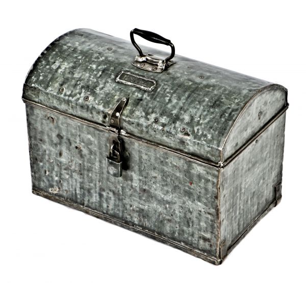 exceptionally unique c. 1920's antique american industrial custom-built reinforced galvanized steel pipefitter tool chest with hinged dome-shaped top