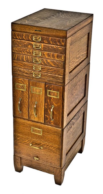 early 1920's thoroughly cleaned and completely refinished "tiger stripe" or quartered oak wood "imperial methods" american bank building office index card modularized filing cabinet with brass handles