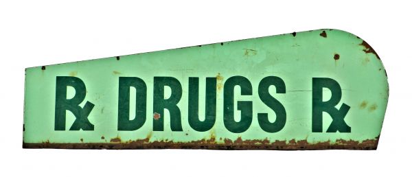 highly desirable c. 1940's antique american mint green-colored die cut steel porcelain enameled coca-cola "drugs" add-on exterior chicago pharmacy storefront sign 