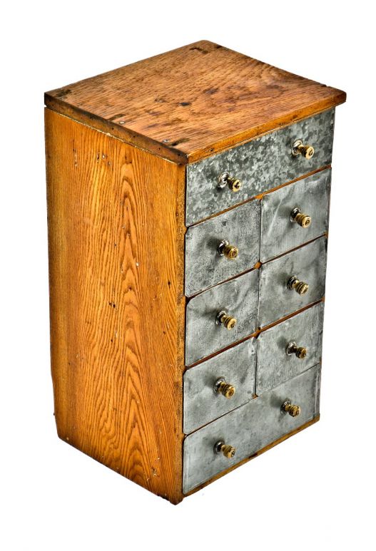 c. 1920's custom built freestanding antique american industrial salvaged "small parts" upright wood cabinet with galvanized sheet steel pull-out drawers