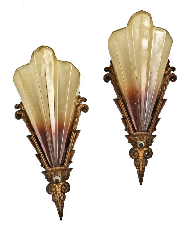 two matching all original and completely intact antique american art deco style "brown-tipped" slip shade wall sconces with bronze plated ornamental shade fitters