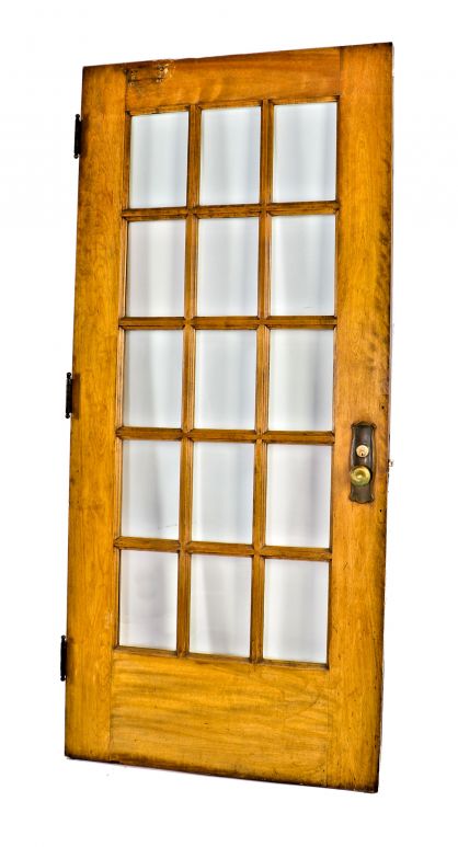 one of three matching original and intact american mission style salvaged chicago varnished birch wood multi-pane apartment building vestibule doors