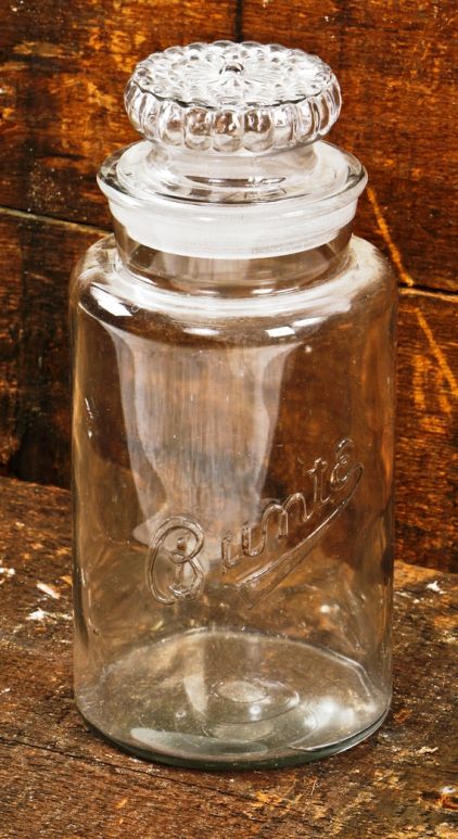 original early 20th century salvaged chicago soda fountain or ice cream parlor "bunte" brand store shelf or cabinet sundry jar with original ground glass lid
