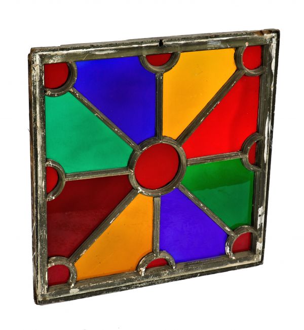 remarkable intact c. 1870's antique american queen anne style salvaged chicago richly colored art glass passenger station window with allover crazed wood sash frame