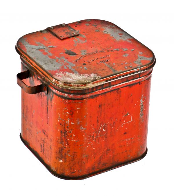 original early 1930's antique american industrial red enameled reinforced steel factory machine shop oily waste can with opposed handles and riveted joint hinged lid