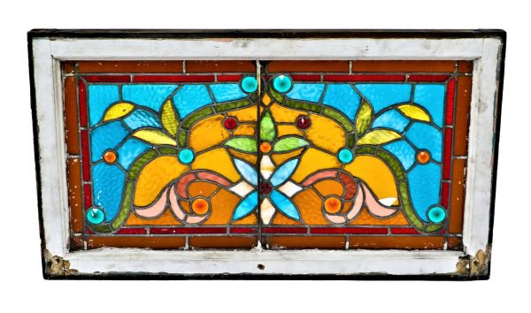 intensely colored 19th century american antique victorian era salvaged chicago residential stained glass transom window with multiple faceted jewels 